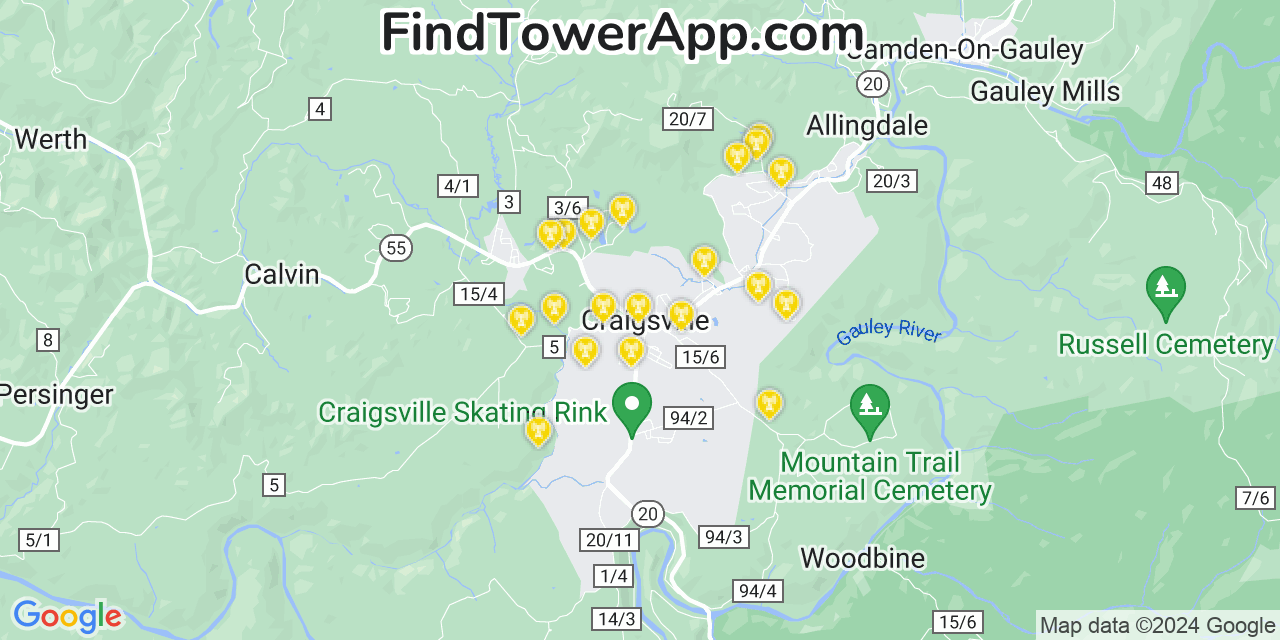 AT&T 4G/5G cell tower coverage map Craigsville, West Virginia