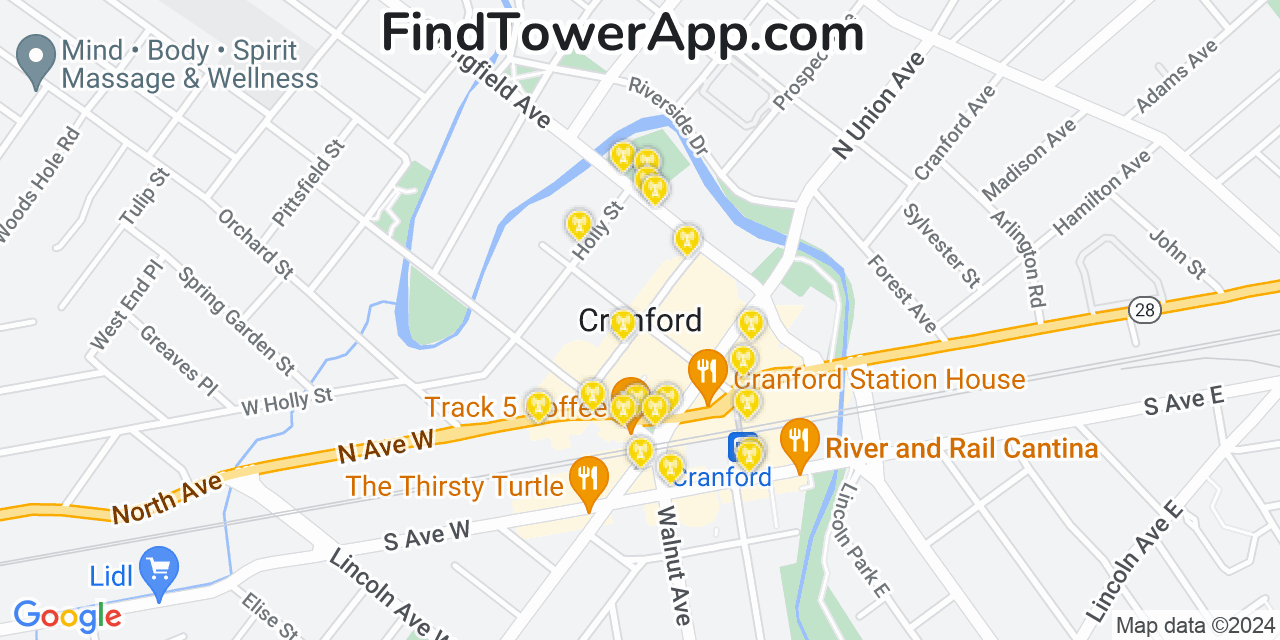 AT&T 4G/5G cell tower coverage map Cranford, New Jersey