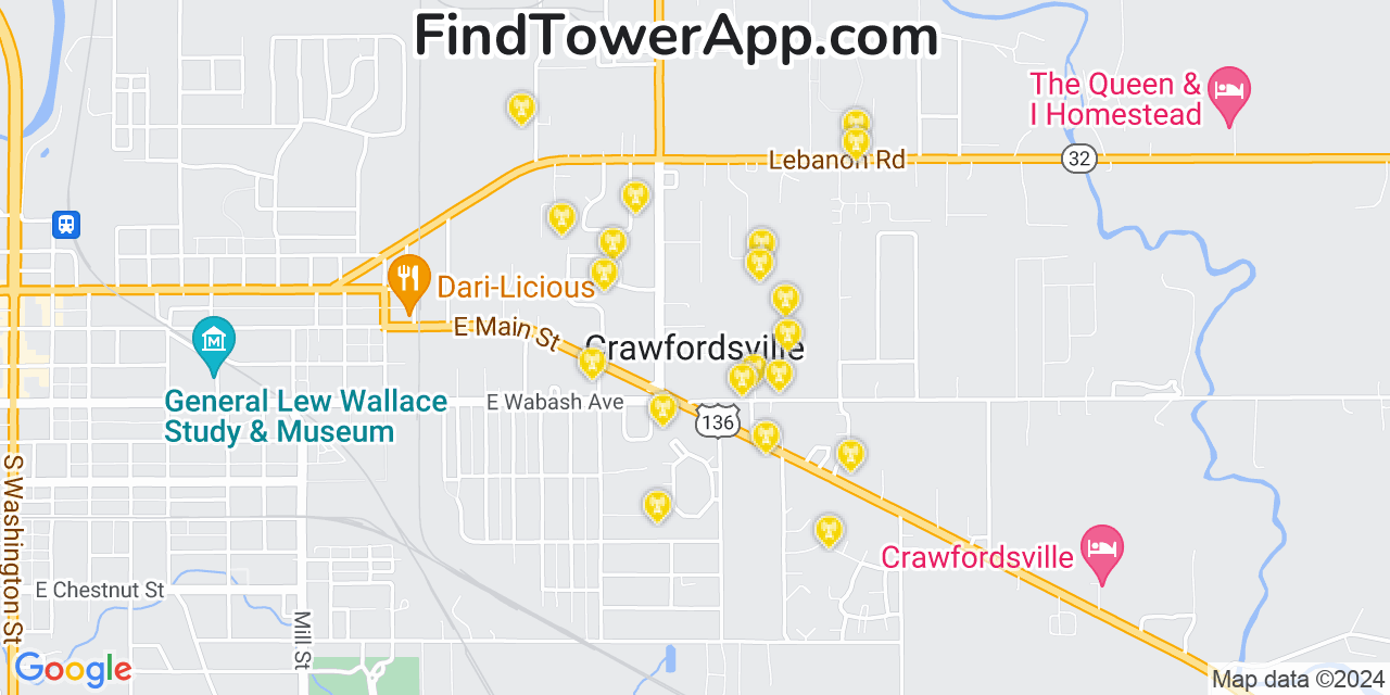 AT&T 4G/5G cell tower coverage map Crawfordsville, Indiana