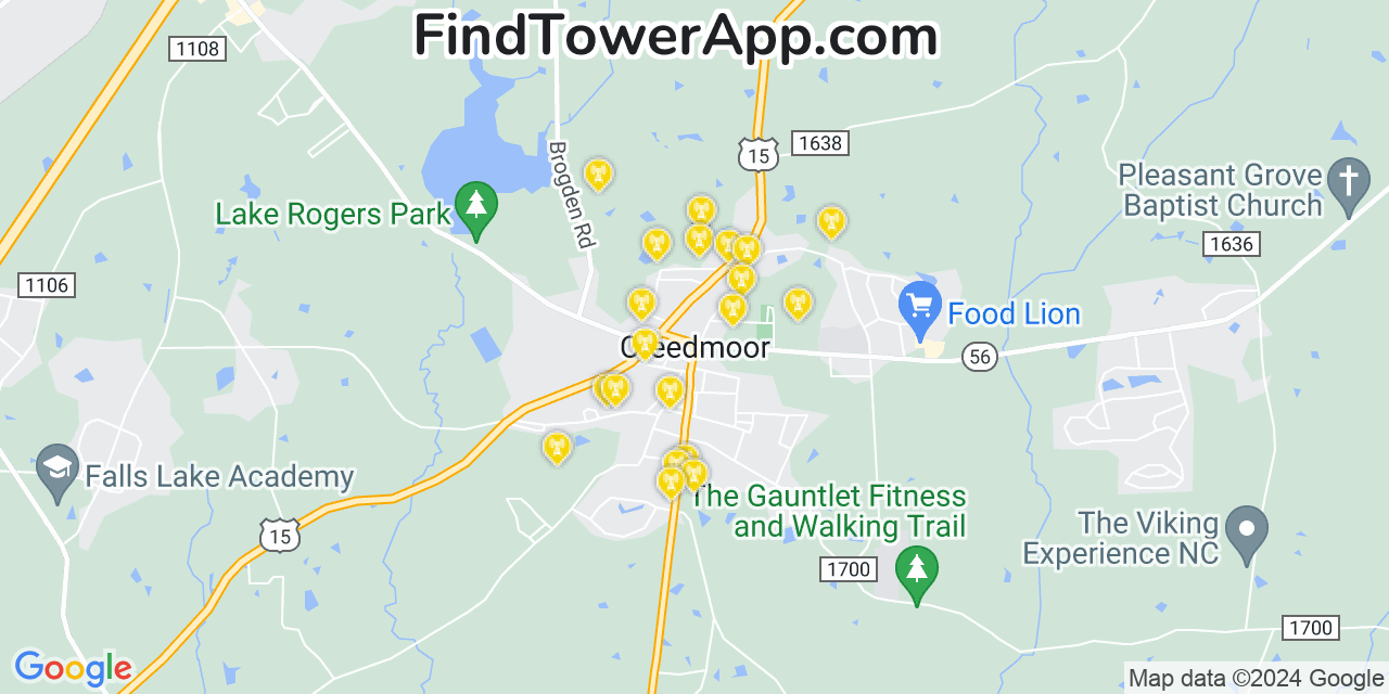 AT&T 4G/5G cell tower coverage map Creedmoor, North Carolina