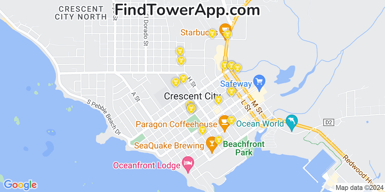 AT&T 4G/5G cell tower coverage map Crescent City, California