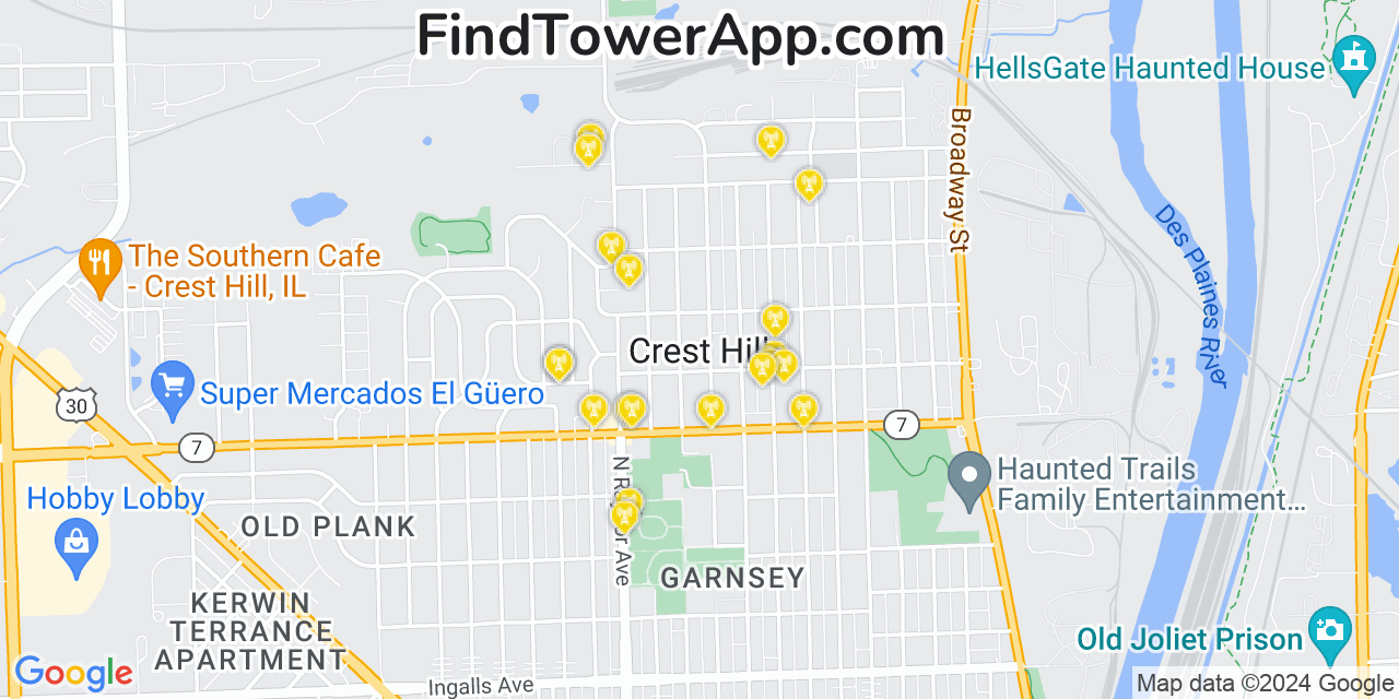 AT&T 4G/5G cell tower coverage map Crest Hill, Illinois