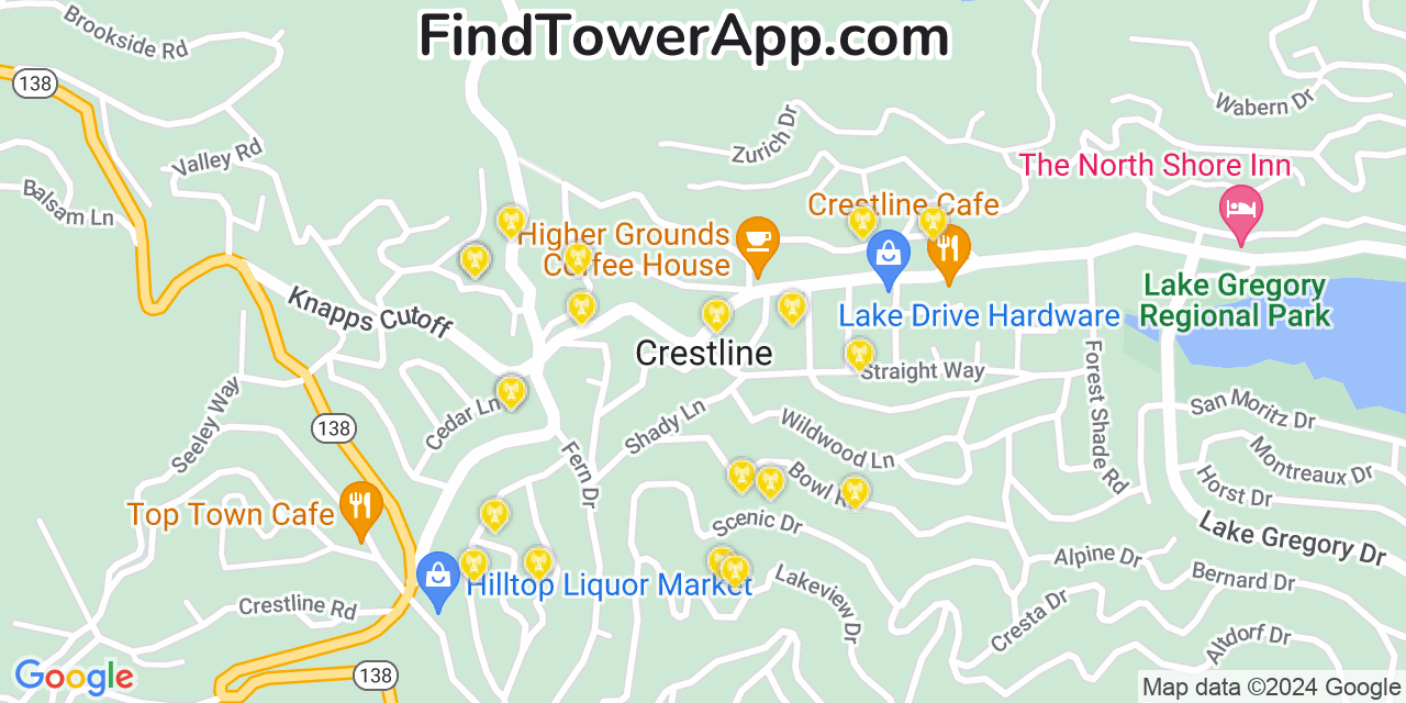 AT&T 4G/5G cell tower coverage map Crestline, California