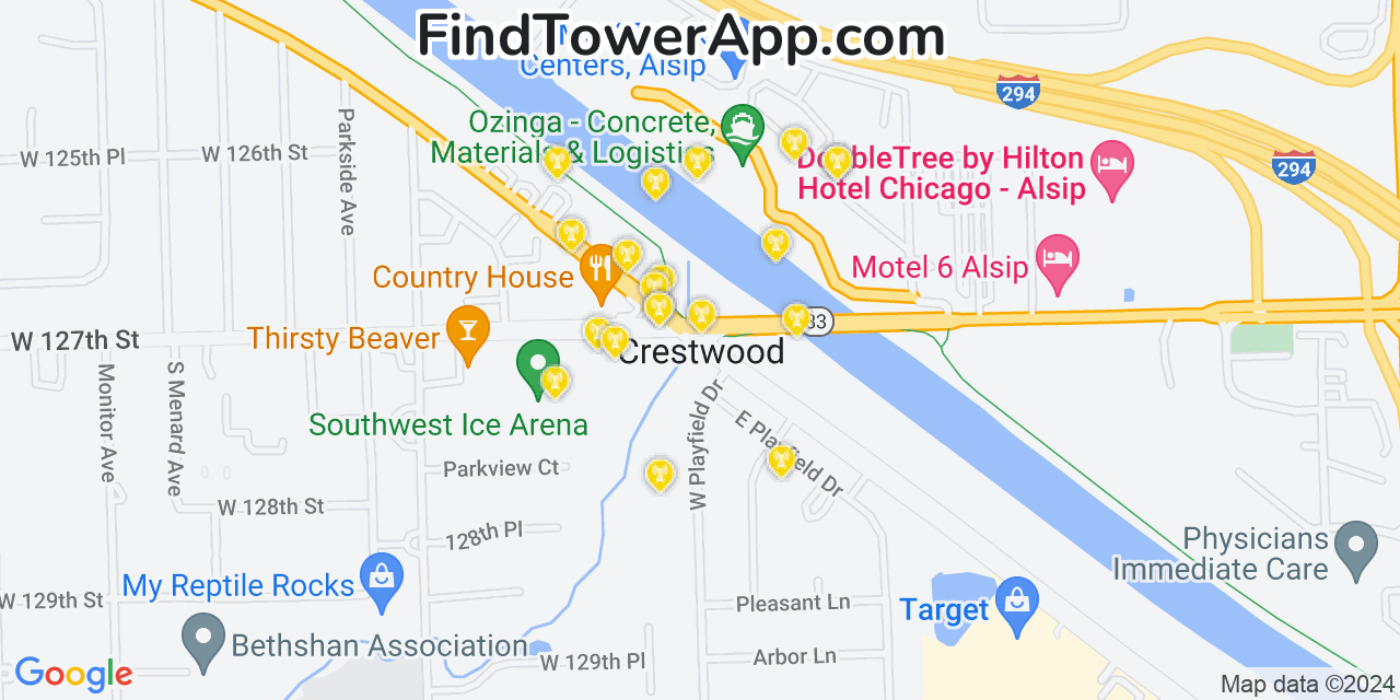 AT&T 4G/5G cell tower coverage map Crestwood, Illinois