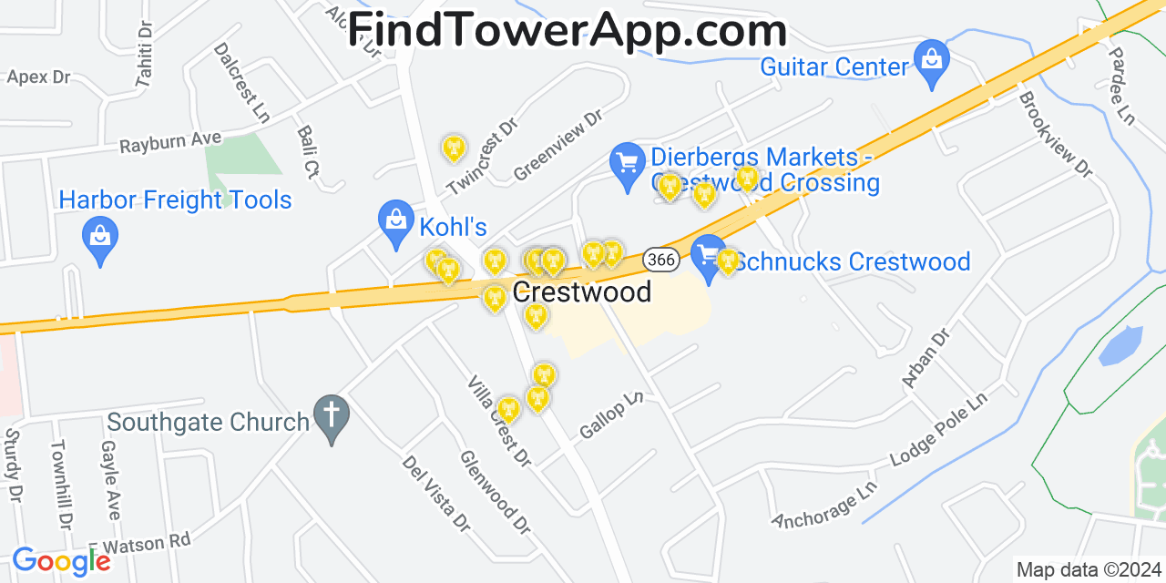 AT&T 4G/5G cell tower coverage map Crestwood, Missouri