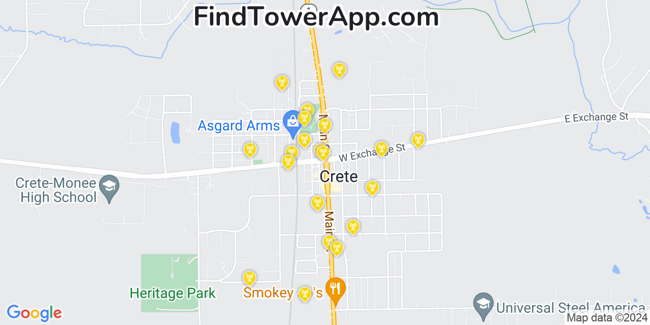 AT&T 4G/5G cell tower coverage map Crete, Illinois