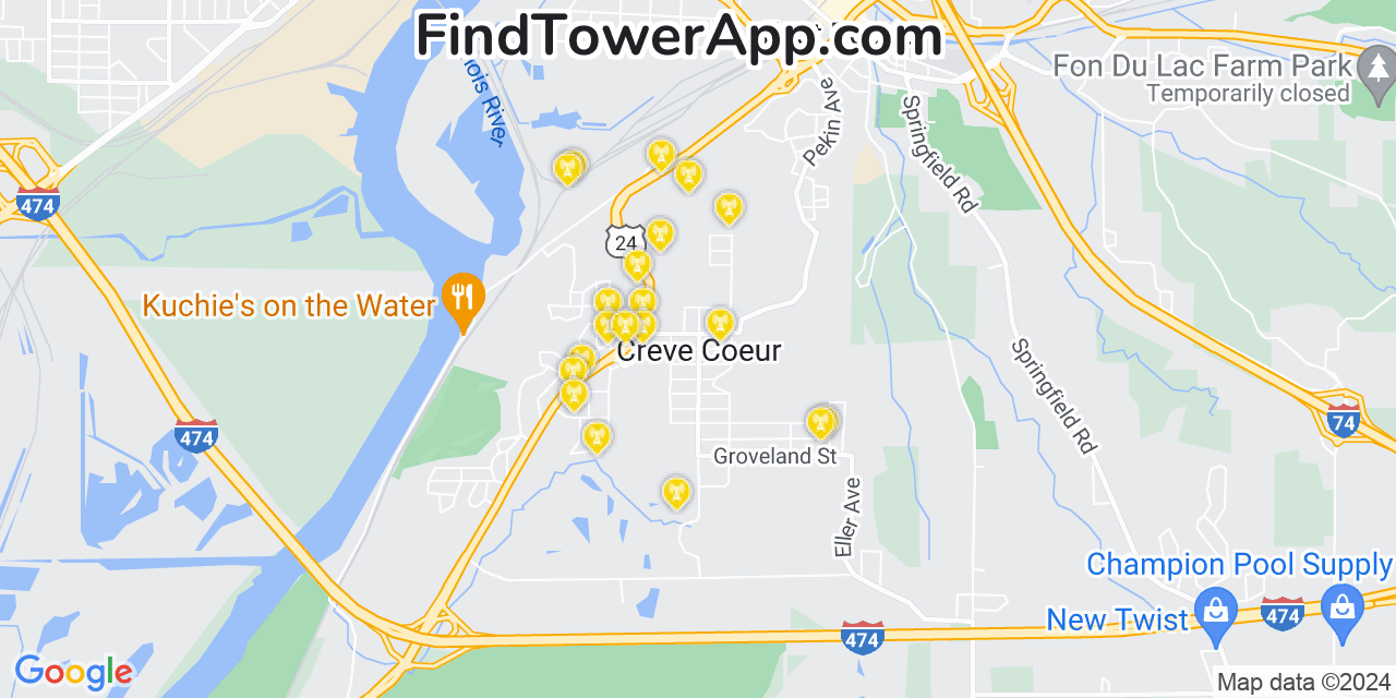 AT&T 4G/5G cell tower coverage map Creve Coeur, Illinois