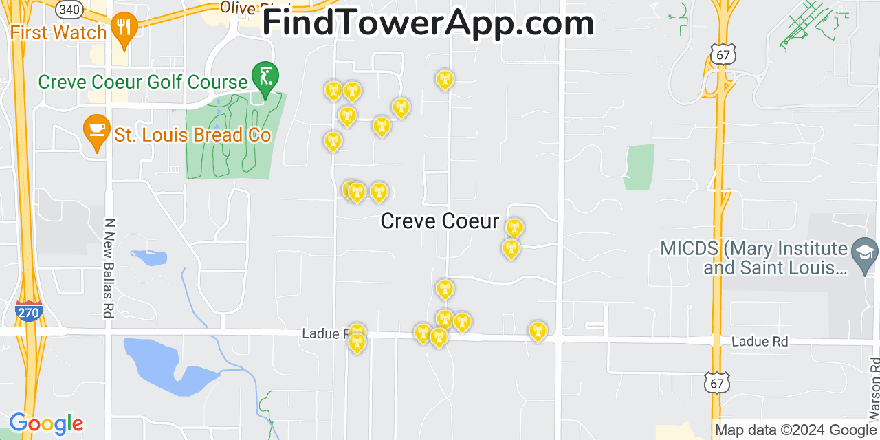 AT&T 4G/5G cell tower coverage map Creve Coeur, Missouri