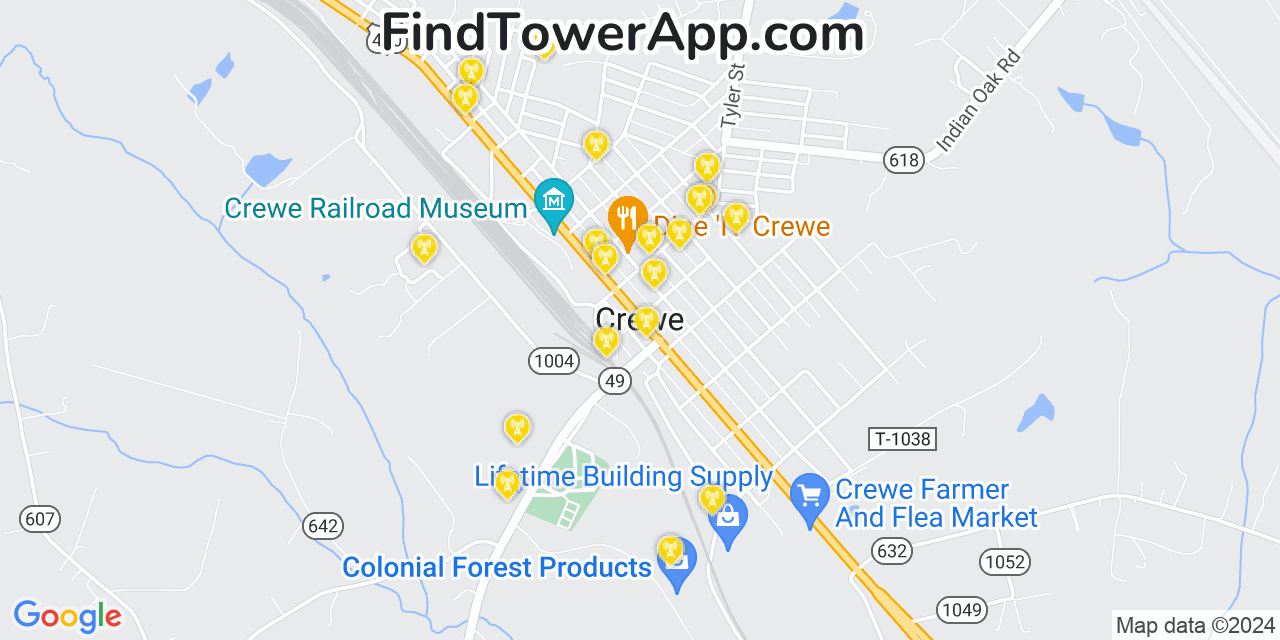 AT&T 4G/5G cell tower coverage map Crewe, Virginia