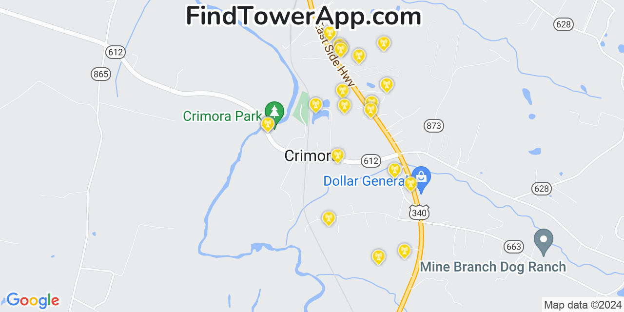 AT&T 4G/5G cell tower coverage map Crimora, Virginia