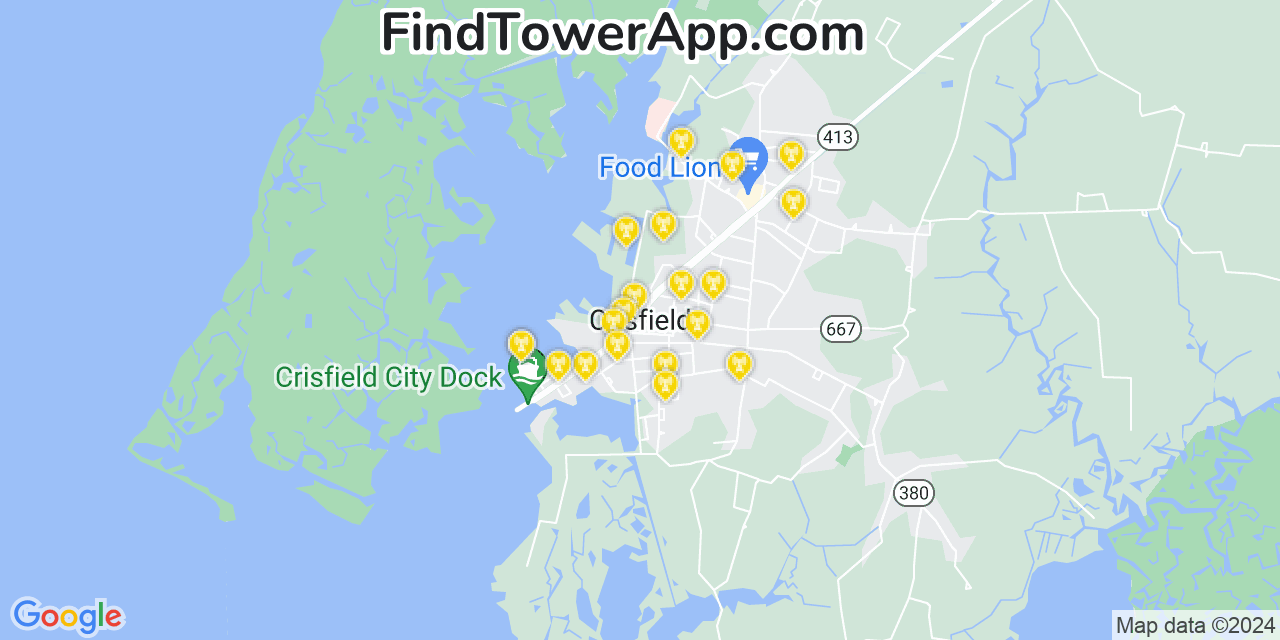 AT&T 4G/5G cell tower coverage map Crisfield, Maryland