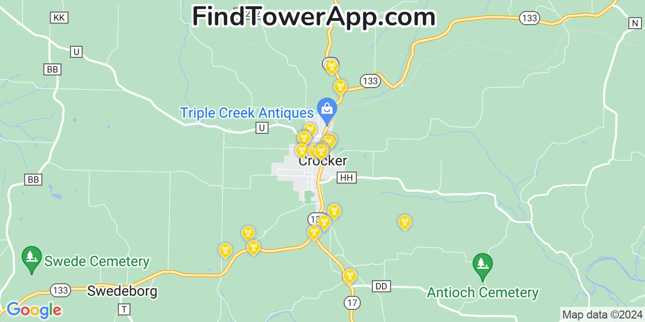 AT&T 4G/5G cell tower coverage map Crocker, Missouri