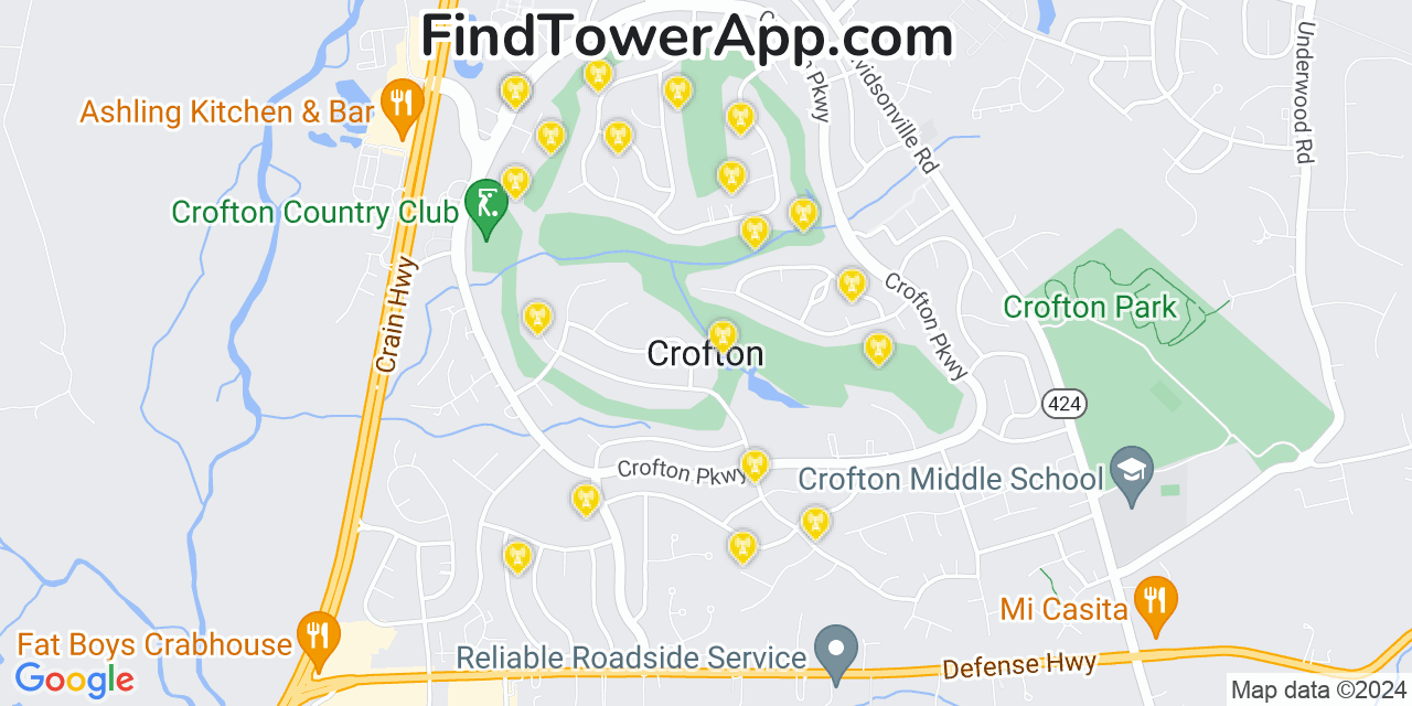 AT&T 4G/5G cell tower coverage map Crofton, Maryland
