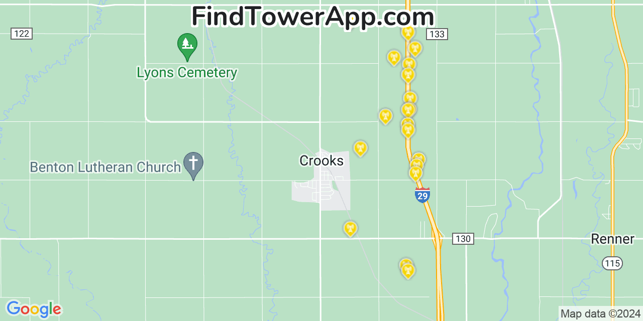 AT&T 4G/5G cell tower coverage map Crooks, South Dakota