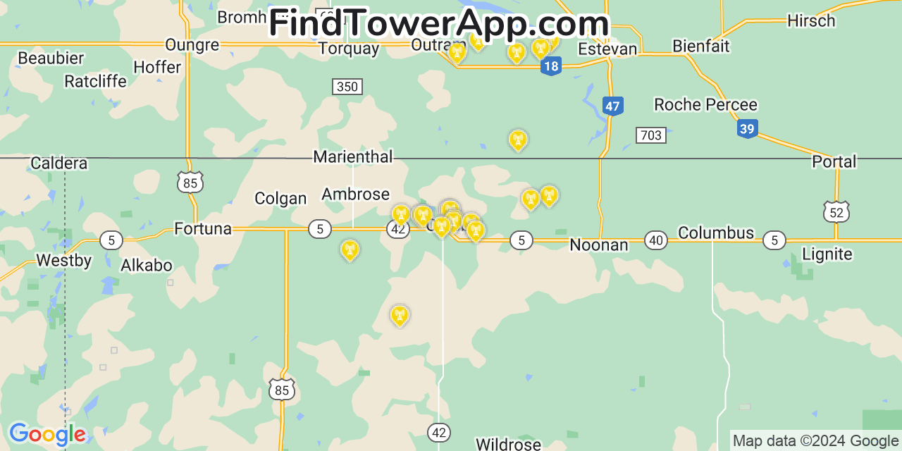 AT&T 4G/5G cell tower coverage map Crosby, North Dakota