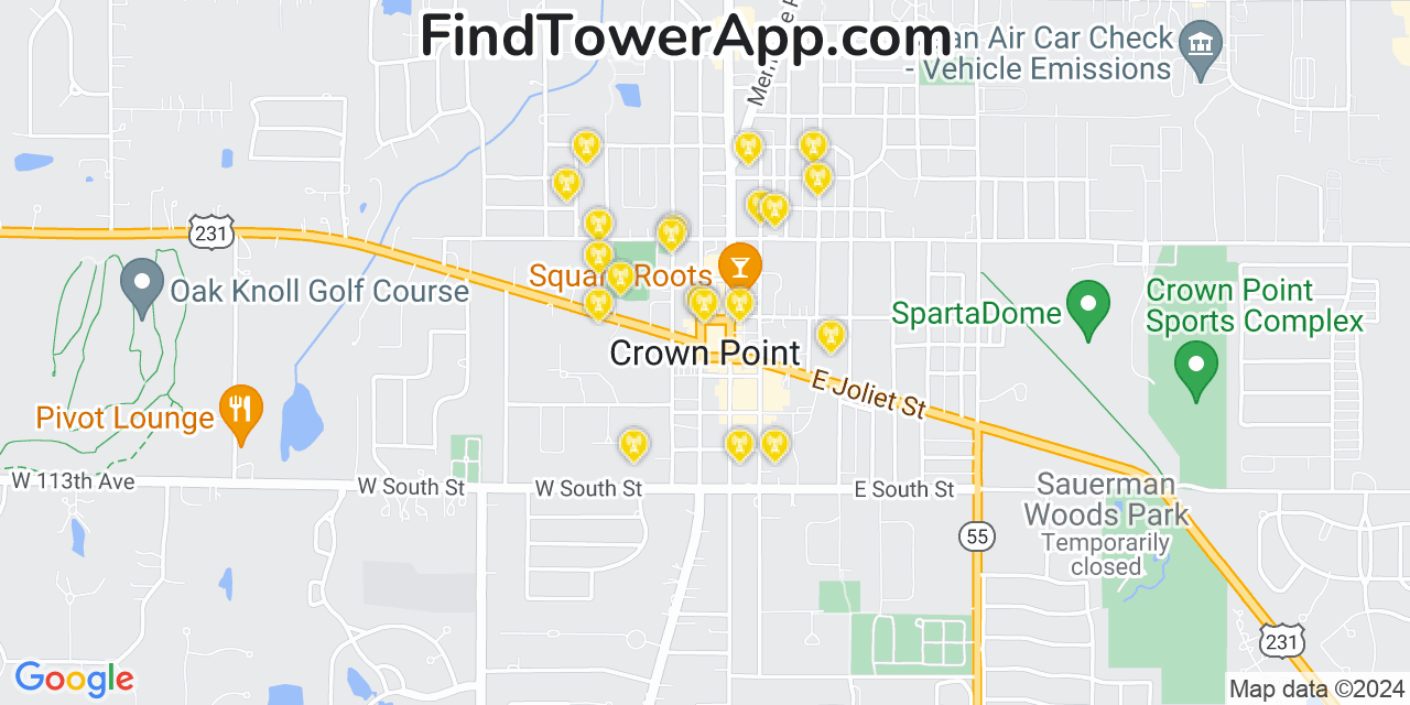 AT&T 4G/5G cell tower coverage map Crown Point, Indiana
