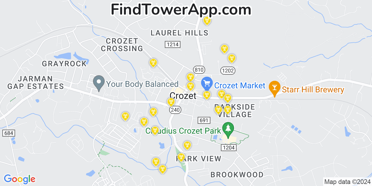 AT&T 4G/5G cell tower coverage map Crozet, Virginia