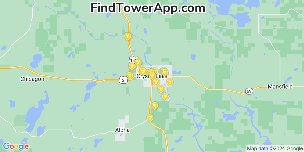AT&T 4G/5G cell tower coverage map Crystal Falls, Michigan