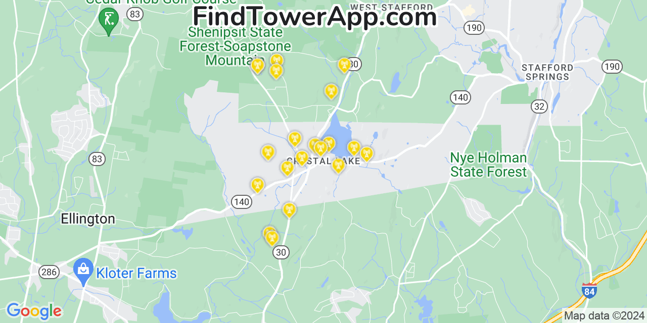 AT&T 4G/5G cell tower coverage map Crystal Lake, Connecticut