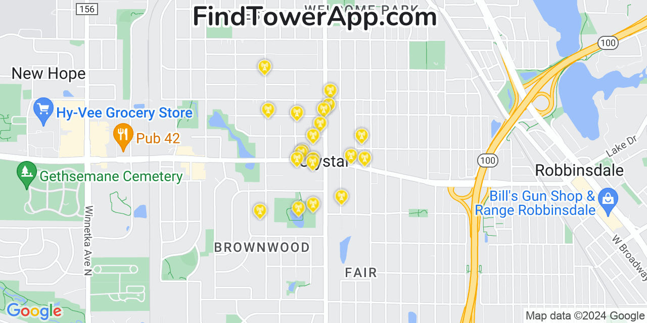 AT&T 4G/5G cell tower coverage map Crystal, Minnesota