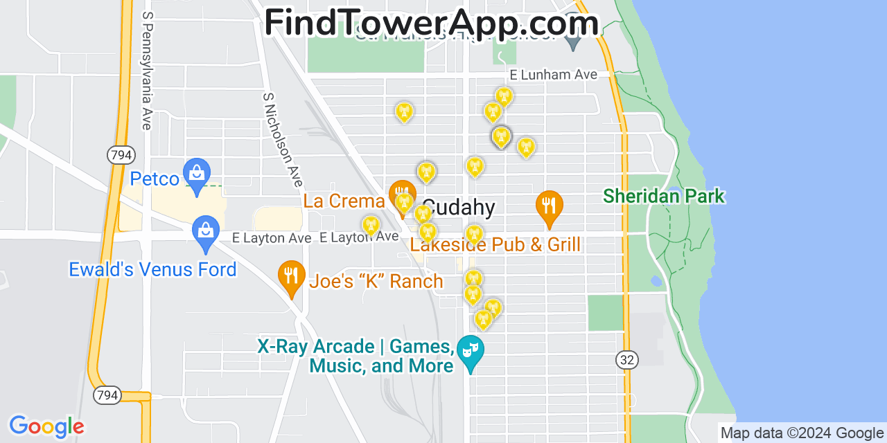 AT&T 4G/5G cell tower coverage map Cudahy, Wisconsin