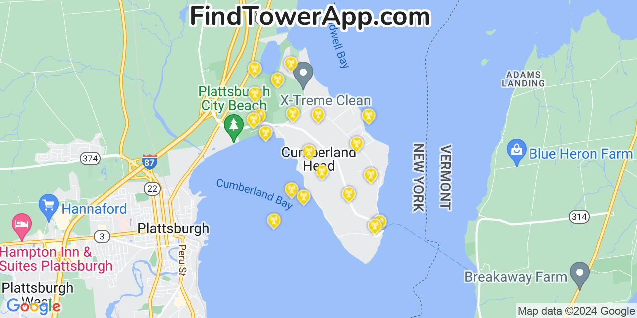 AT&T 4G/5G cell tower coverage map Cumberland Head, New York