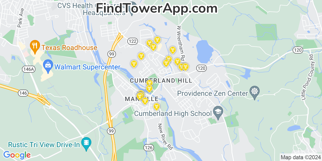 AT&T 4G/5G cell tower coverage map Cumberland Hill, Rhode Island