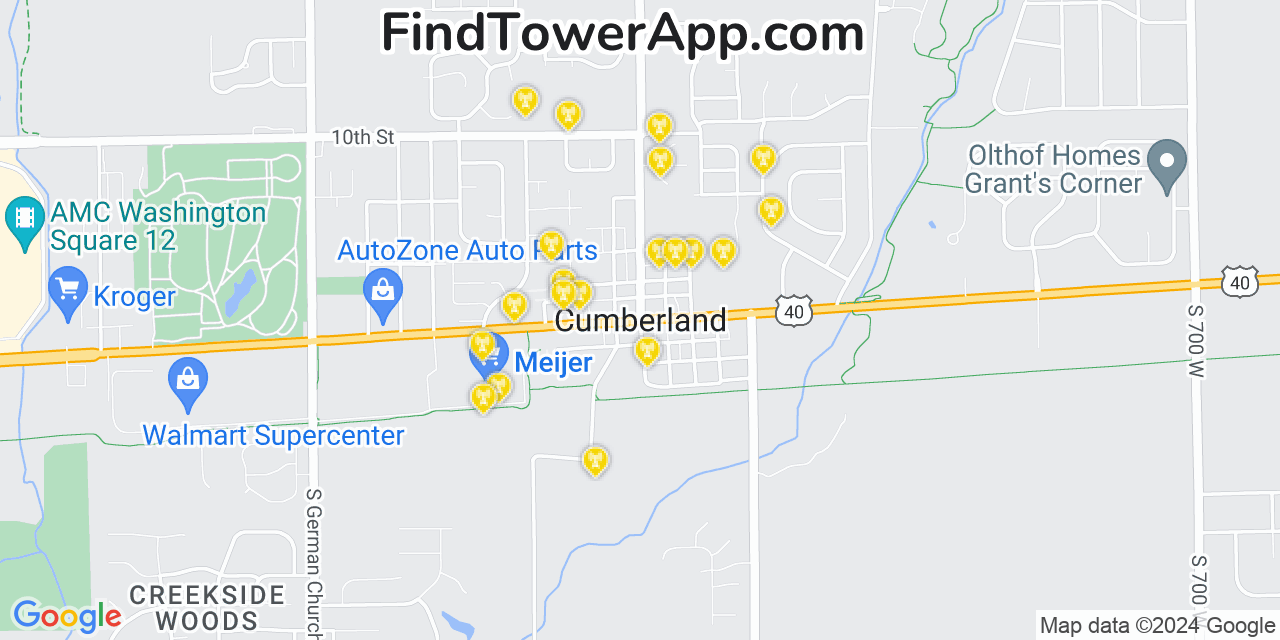 AT&T 4G/5G cell tower coverage map Cumberland, Indiana