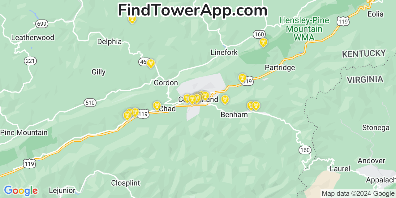 AT&T 4G/5G cell tower coverage map Cumberland, Kentucky