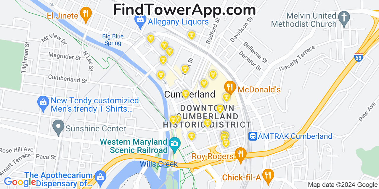 AT&T 4G/5G cell tower coverage map Cumberland, Maryland