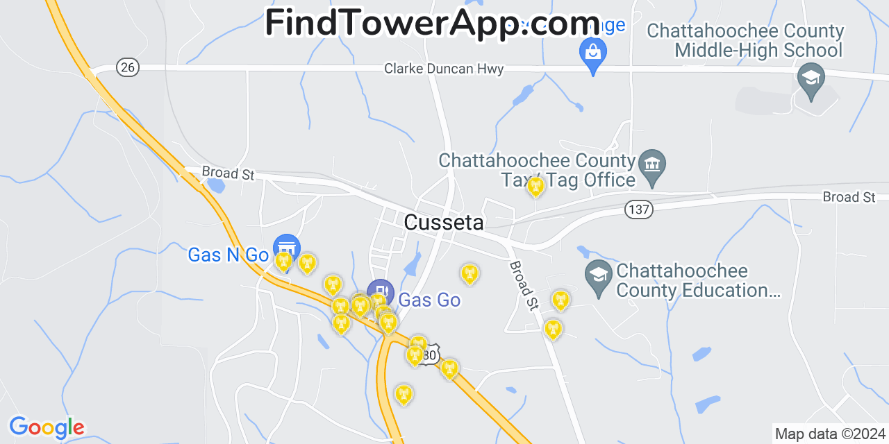 AT&T 4G/5G cell tower coverage map Cusseta, Georgia
