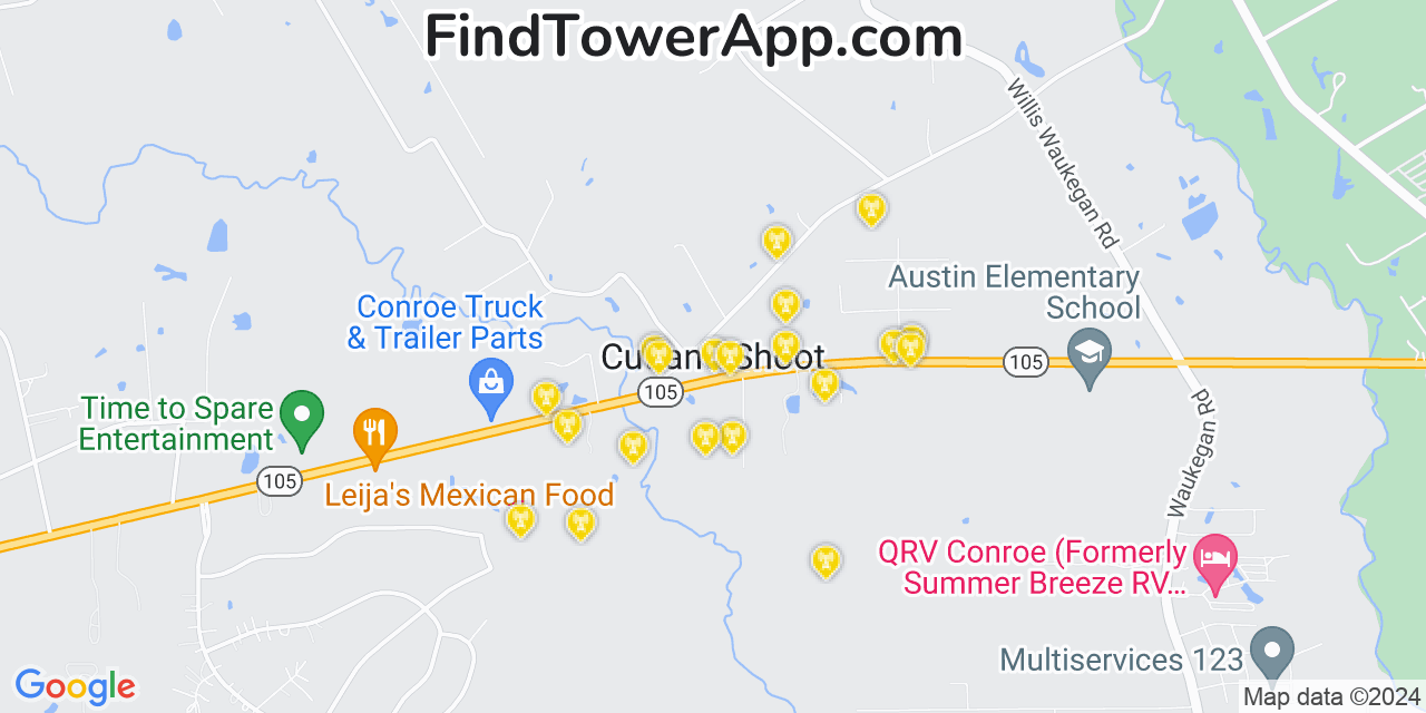 AT&T 4G/5G cell tower coverage map Cut and Shoot, Texas