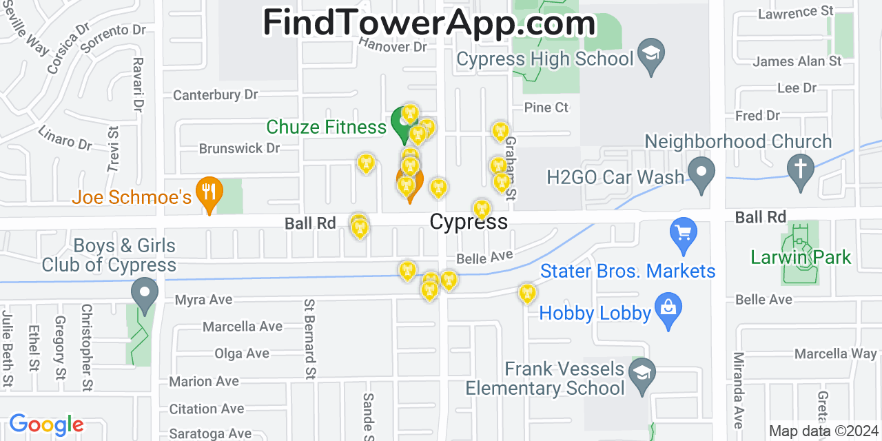 AT&T 4G/5G cell tower coverage map Cypress, California