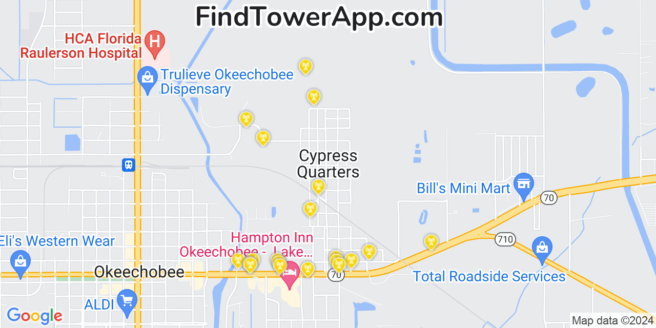 AT&T 4G/5G cell tower coverage map Cypress Quarters, Florida
