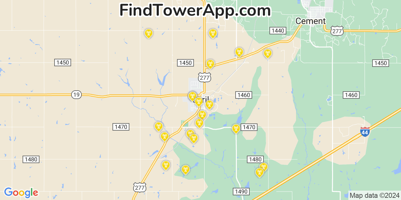 AT&T 4G/5G cell tower coverage map Cyril, Oklahoma