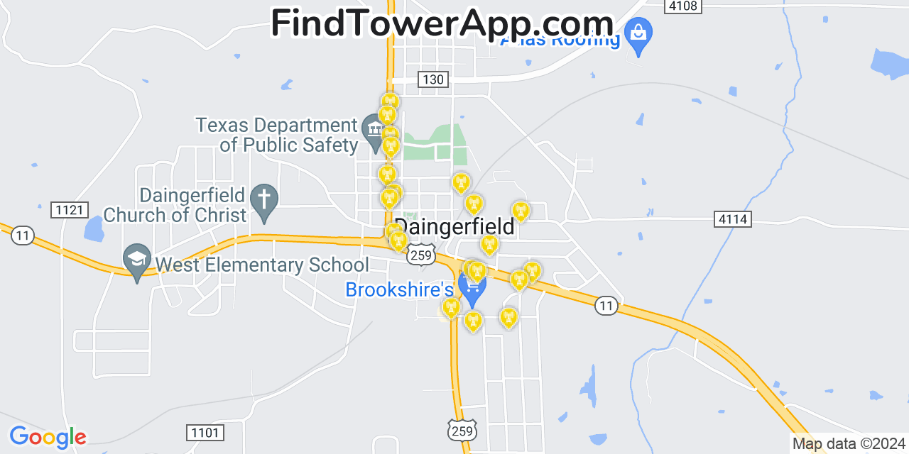 AT&T 4G/5G cell tower coverage map Daingerfield, Texas