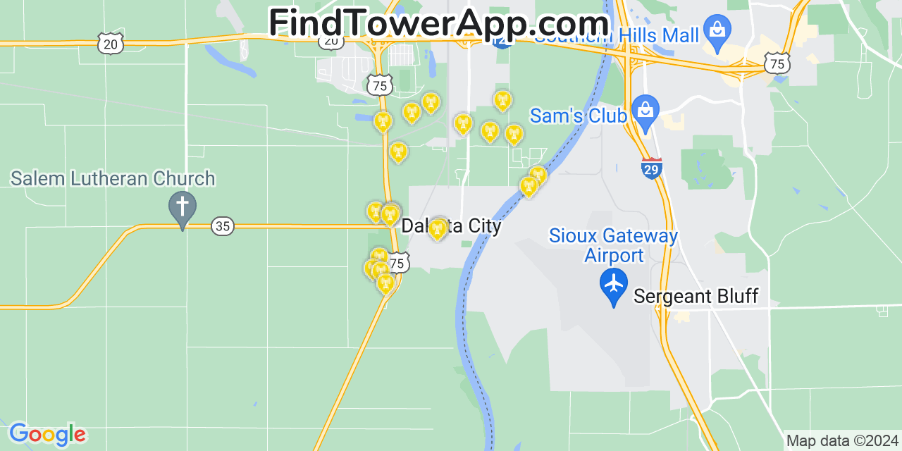 AT&T 4G/5G cell tower coverage map Dakota City, Nebraska