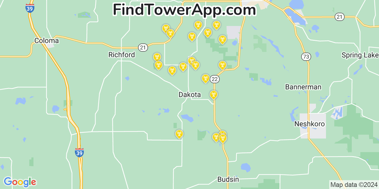 AT&T 4G/5G cell tower coverage map Dakota, Wisconsin