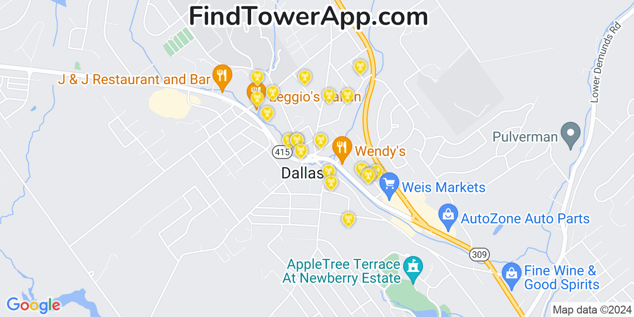 AT&T 4G/5G cell tower coverage map Dallas, Pennsylvania