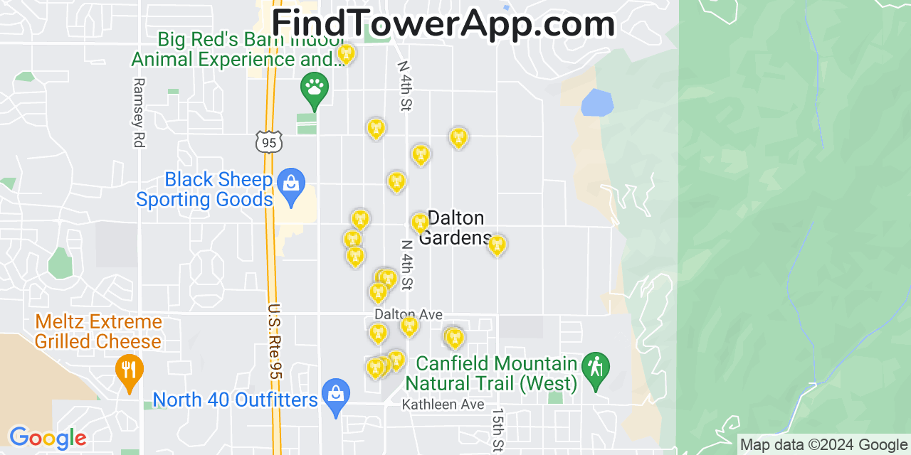 AT&T 4G/5G cell tower coverage map Dalton Gardens, Idaho