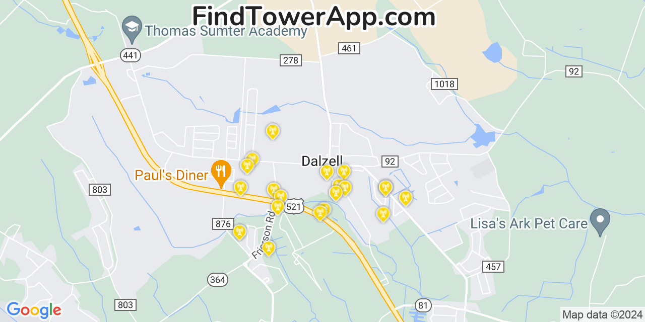 AT&T 4G/5G cell tower coverage map Dalzell, South Carolina