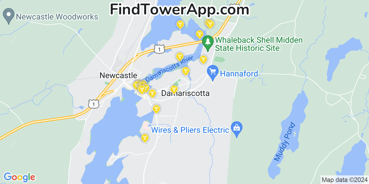 AT&T 4G/5G cell tower coverage map Damariscotta, Maine