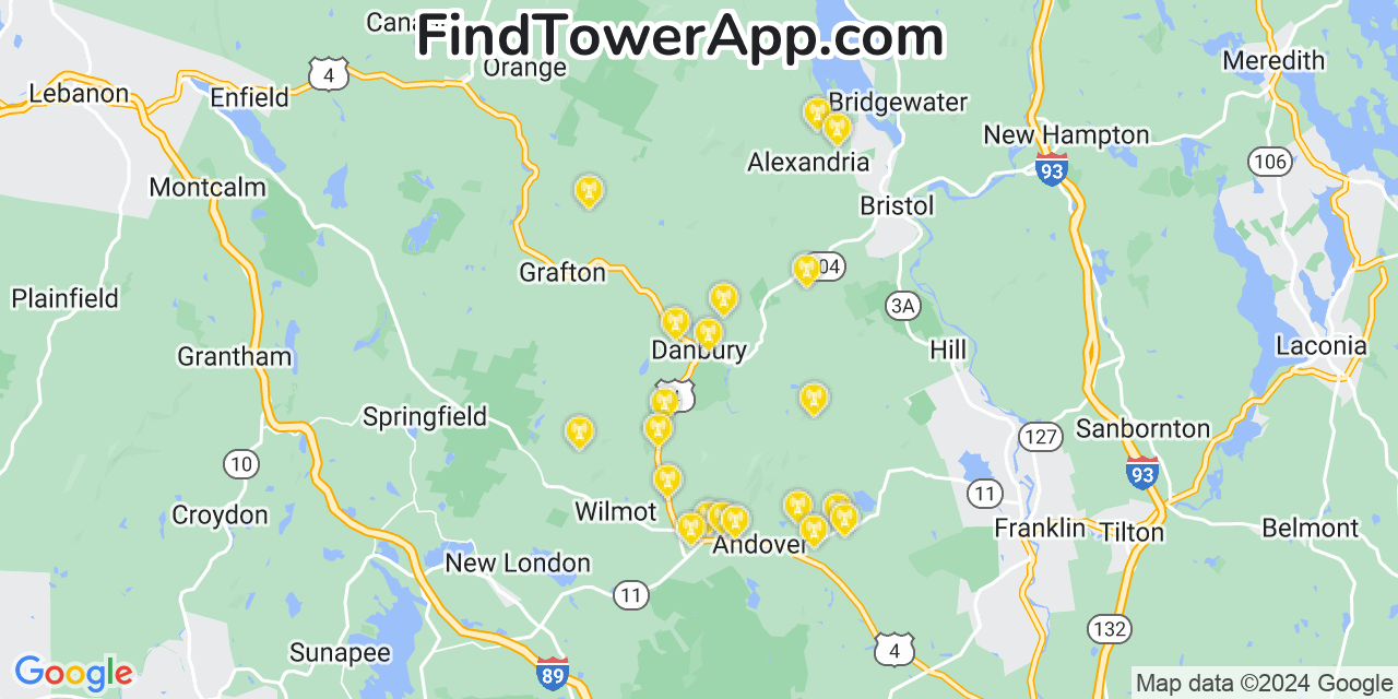 AT&T 4G/5G cell tower coverage map Danbury, New Hampshire