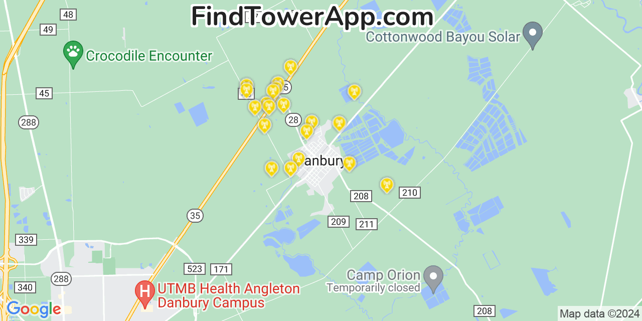 AT&T 4G/5G cell tower coverage map Danbury, Texas