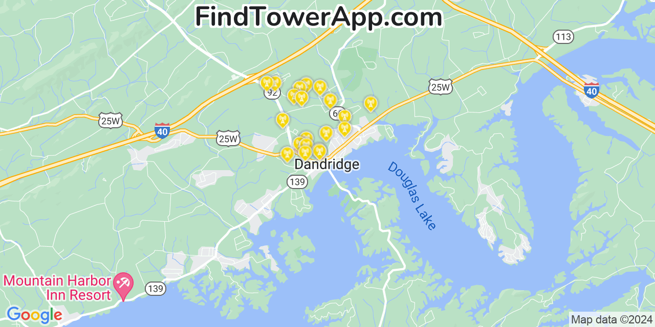 Verizon 4G/5G cell tower coverage map Dandridge, Tennessee