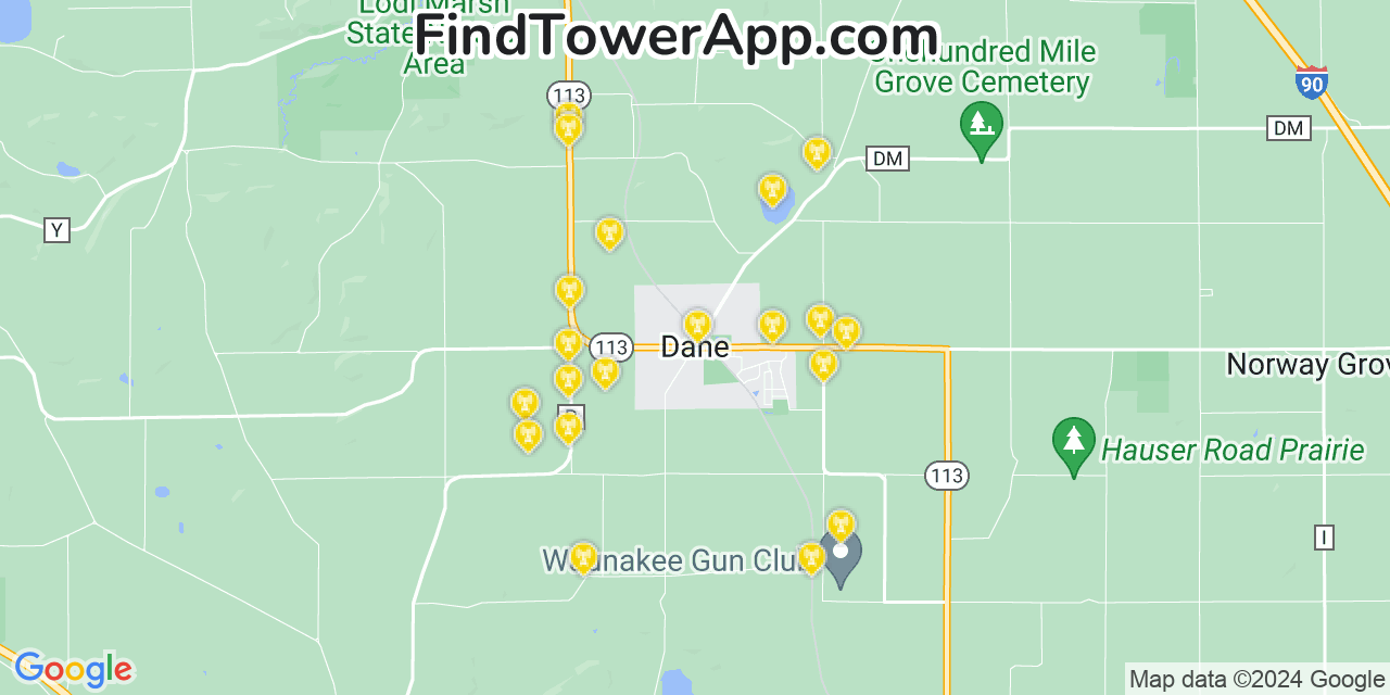 AT&T 4G/5G cell tower coverage map Dane, Wisconsin