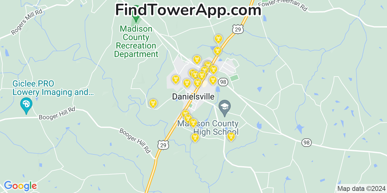 AT&T 4G/5G cell tower coverage map Danielsville, Georgia