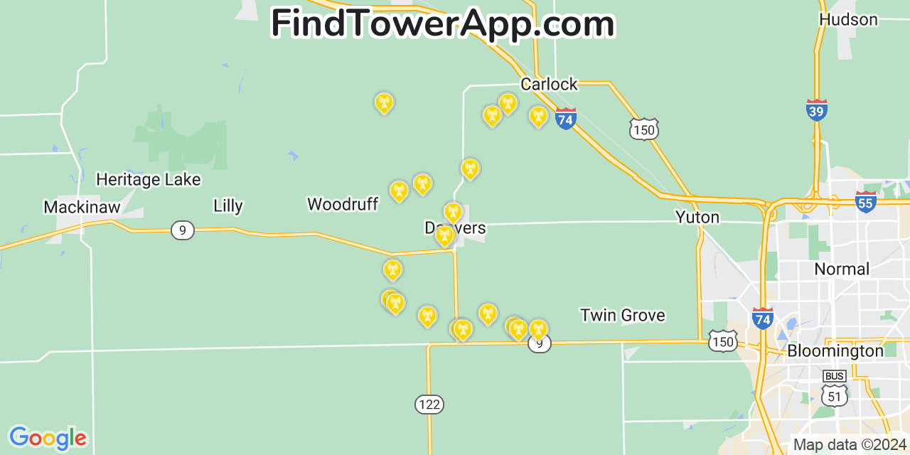 AT&T 4G/5G cell tower coverage map Danvers, Illinois
