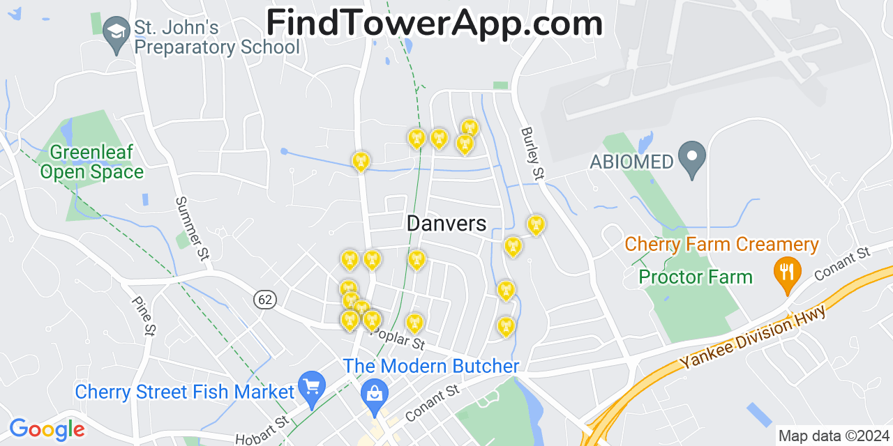 AT&T 4G/5G cell tower coverage map Danvers, Massachusetts