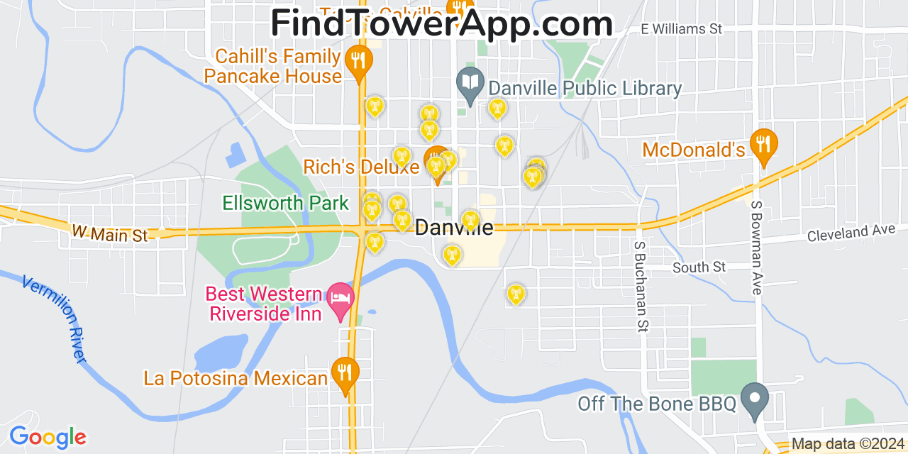 AT&T 4G/5G cell tower coverage map Danville, Illinois